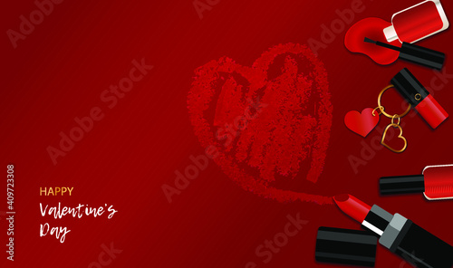Happy Valentine's day concept frame. Sale and Discount Flyer. Original promotion for cosmetics store. Cute love banner or greeting card. Heart painted with red lipstick. Vector illustration. 