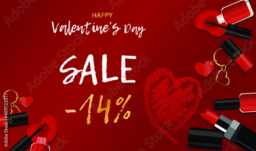 Happy Valentine's day. Sale 14%. Discount Flyer. Original promotion for cosmetics store. A heart painted with red lipstick. Vector illustration.