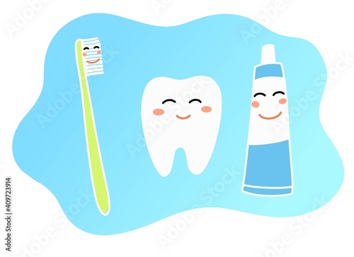 Vector illustration. Cute flat style. Toothpaste, toothbrush, and tooth. Healthy habit. Smiling cartoon characters. Infographics for kids.