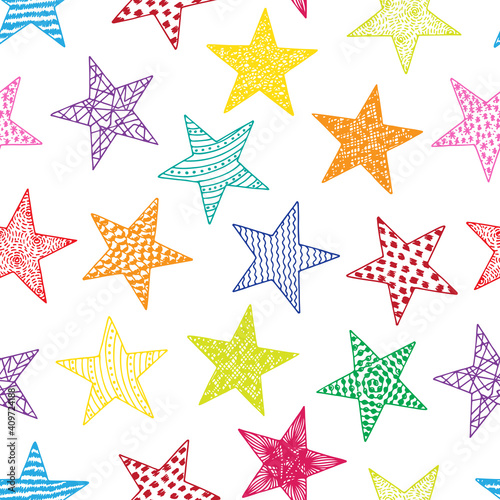 Stars - Vector Seamless pattern. Colorful Stars with different patterns. Hand drawn doodle Stars. 