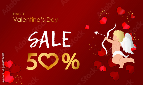 Happy Valentine's day sale banner, Discount 50% Flyer, banner with realistic cupid with bow and arrow around red hearts symbols of love. Original promotion for stores and shops. Vector illustration.