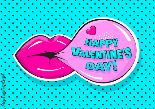 Comic vector gum bubble with Valentines Day text and pink lips on polka dot background. Greeting card in pop art style. Holiday illustration