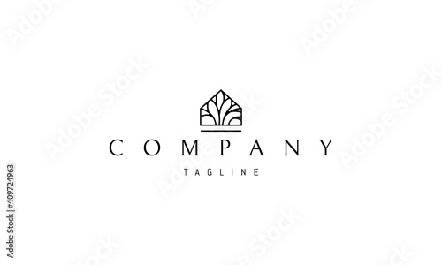 Vector logo on which an abstract image of a house with a tree inside.