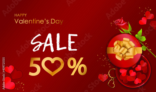 Happy Valentine's day sale poster, Discount flier, banner template with red rose and gift box full of small hearts love symbols. Sale 50%, background. Original promotion for cosmetics or ladies store.