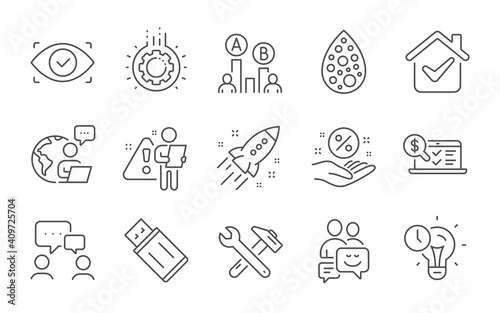 Online accounting, Usb flash and Loan percent line icons set. Artificial colors, Startup rocket and Communication signs. Ab testing, Gear and Biometric eye symbols. Line icons set. Vector