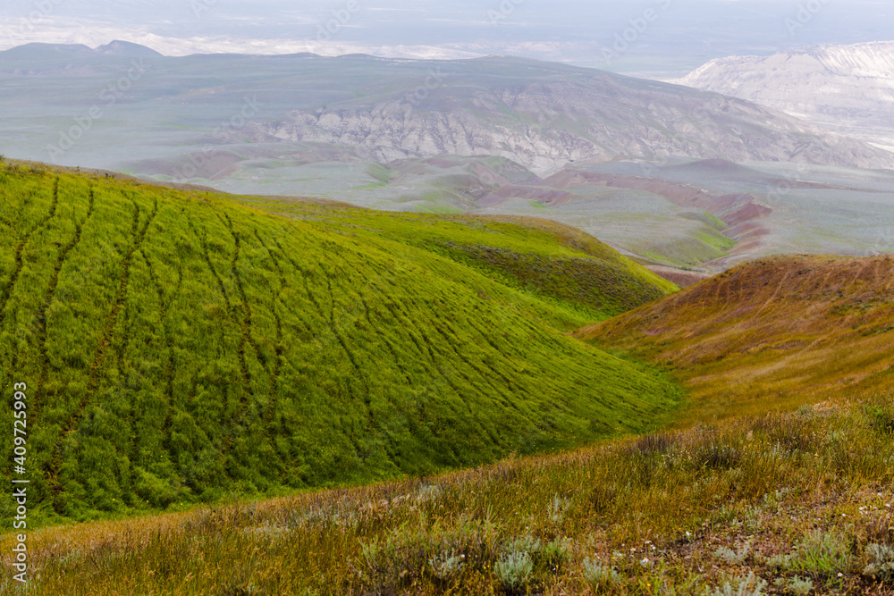 Gobustan National Park Reserve Baku Azerbaijan. Spring mountain landscape, Caucasian foothills, Tourism and hiking