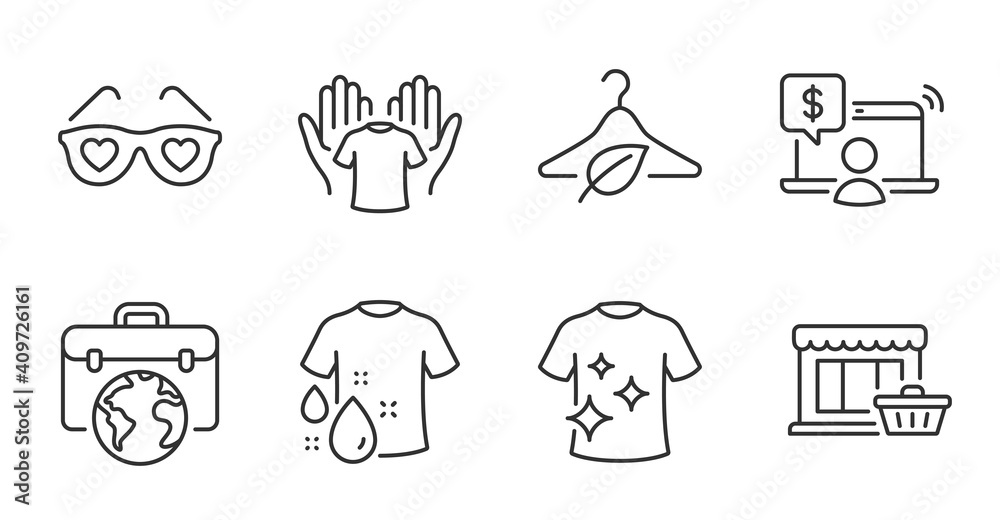 Marketplace, Slow fashion and Hold t-shirt line icons set. Love glasses, Online shopping and Clean t-shirt signs. Businessman case symbol. Shopping store, Eco tested, Laundry shirt. Vector Marketplace, Slow fashion and Hold t-shirt line icons set. Love glasses, Online shopping and Clean t-shirt signs. Businessman case symbol. Shopping store, Eco tested, Laundry shirt. Vector