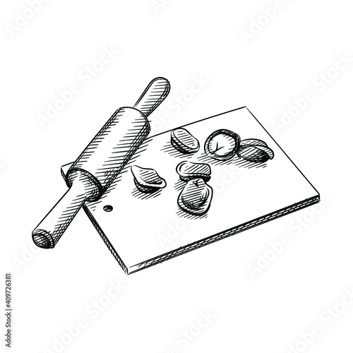 Hand drawn sketch of board with dumplings and rolling pin on a white background. Dumplings of different shapes. Cooking dumplings. Food and meals.