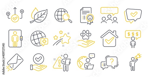 Set of Business icons, such as World medicine, Smile, Question mark symbols. Approved, Correct way, E-mail signs. Elevator, Employee benefits, Pets care. Leaf, Brand ambassador, Web search. Vector