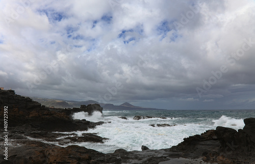 Gran Canaria, north coast, powerful ocean waves brought by winter wind storm 