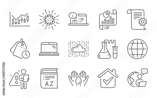 Cloud system, Chemistry lab and Vocabulary line icons set. Report document, Time management and Globe signs. Safe water, Laptop and Financial diagram symbols. Line icons set. Vector