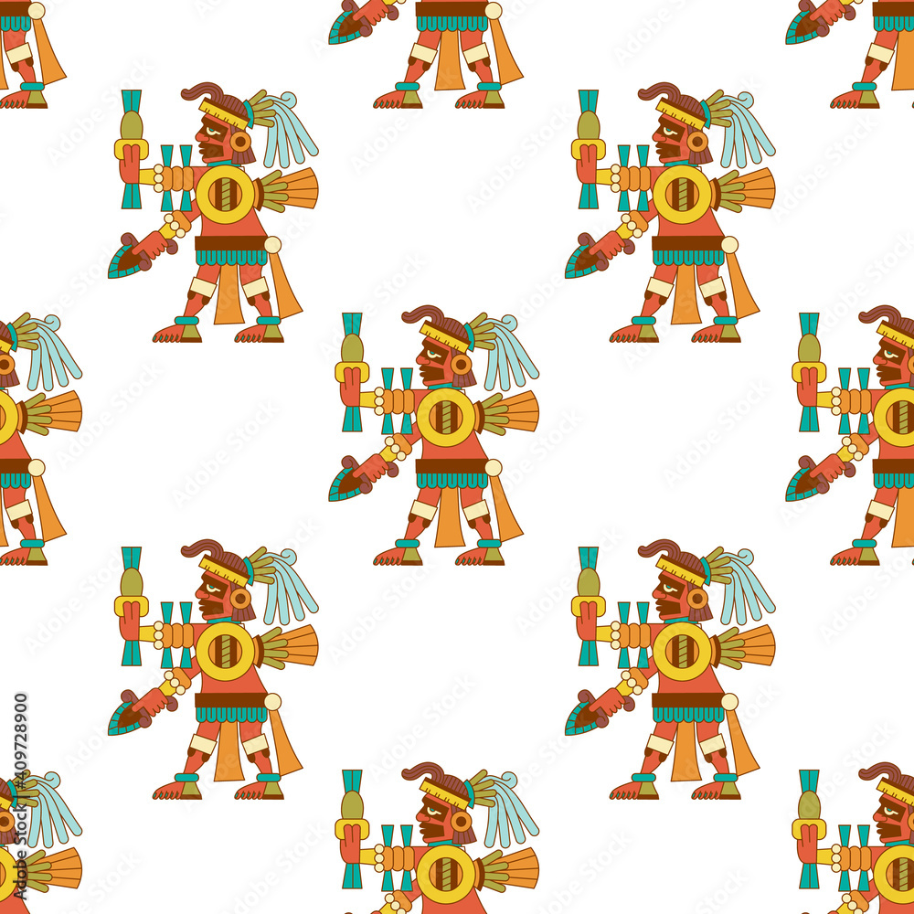 Fototapeta premium Aztec cacao seamless pattern design. Line art style. Vector illustration.