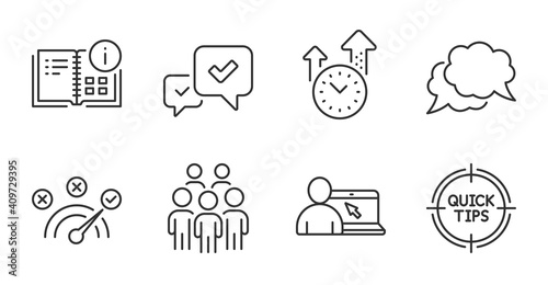 Group people, Time management and Online education line icons set. Instruction info, Correct answer and Chat message signs. Approve, Tips symbols. Quality line icons. Group people badge. Vector