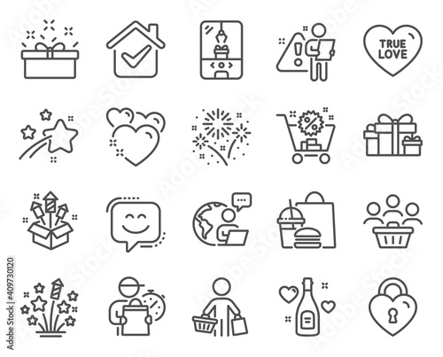 Holidays icons set. Included icon as Shopping cart, True love, Fireworks stars signs. Present box, Love lock, Buyer symbols. Holiday presents, Fireworks, Buyers. Heart, Smile face. Vector