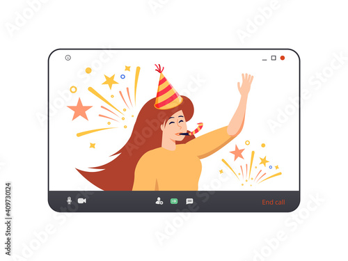 Young female character celebrating their birthday online, self isolation party.