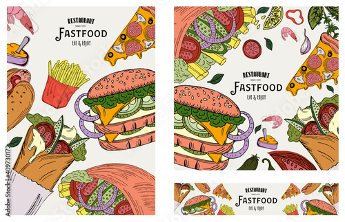Templates for label design with hand drawn fastfood