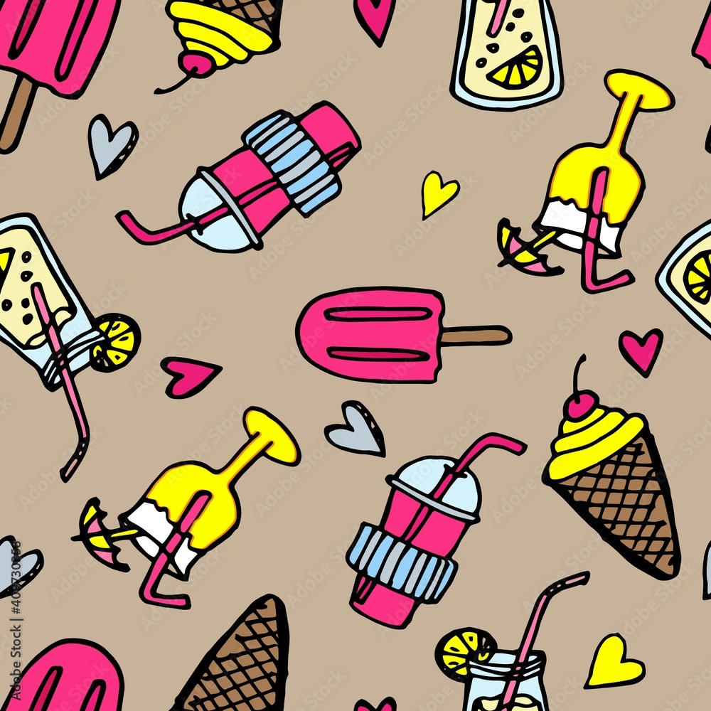 Cartoon desserts, delicious sweets and drinks seamless doodle-style pattern. Bright colors. For girls on a brown background