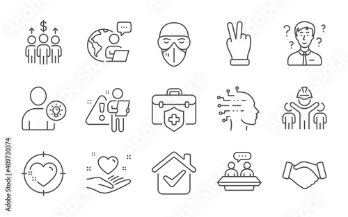 Hold heart, Heart target and Support consultant line icons set. Employees talk, Meeting and Artificial intelligence signs. Engineering team, Victory hand and Handshake symbols. Line icons set. Vector