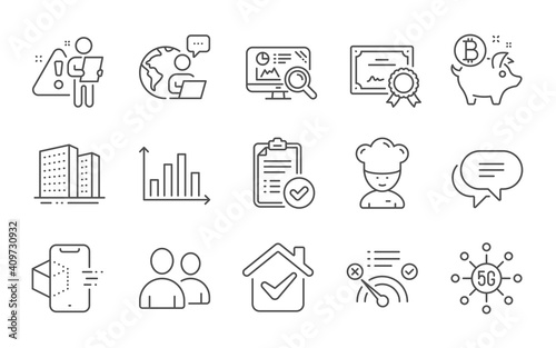 Buildings, Certificate and Bitcoin coin line icons set. Users, 5g technology and Text message signs. Cooking chef, Seo analytics and Approved report symbols. Line icons set. Vector