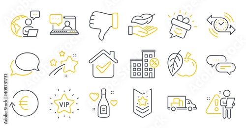Set of Business icons, such as Friends chat, Exchange currency, Love champagne symbols. Smile, Loan house, Dislike hand signs. Timer, Vip star, Dots message. Truck transport, Apple. Vector