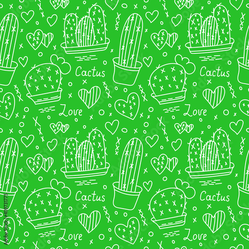 Cactus and love. Seamless vector pattern. Doodle style. Green and white colors