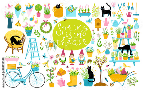Garden spring set with black cats. A large collection of vector cartoon elements in a simple childish hand-drawn style. Blooming flowers with butterflies, insects and cute gnome figurines