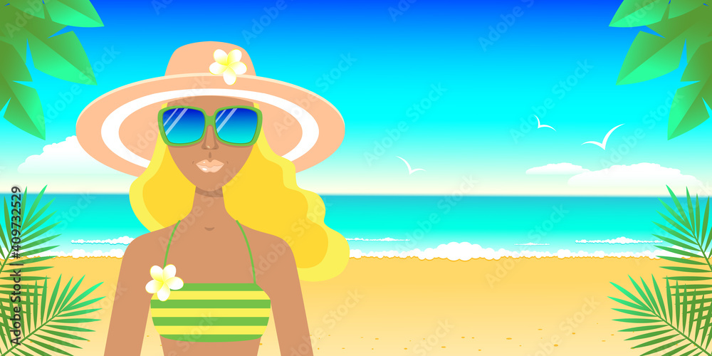 Women in hat and sunglasses on the beach by the sea. Summer vacation concept, travel. Vector stock illustration. 