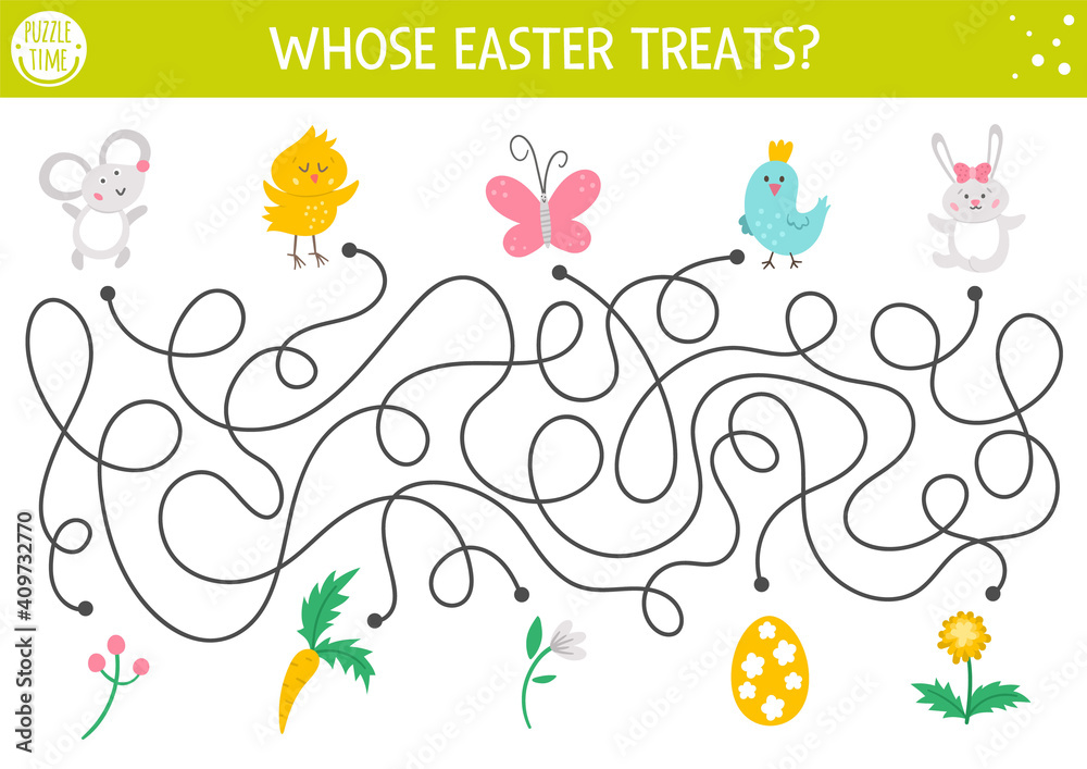 Fototapeta premium Easter maze for children with cute animals and presents. Holiday preschool printable educational activity with chicken, mouse, bunny, bird. Funny spring game or puzzle with cute characters. .