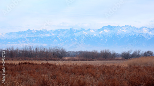 Winter landscape on a frosty day in Almaty region, Kazakhstan