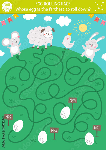 Egg rolling race labyrinth. Easter maze for children. Holiday preschool printable educational activity. Funny spring game or puzzle with cute animals. Whose egg is the farthest to roll down? .