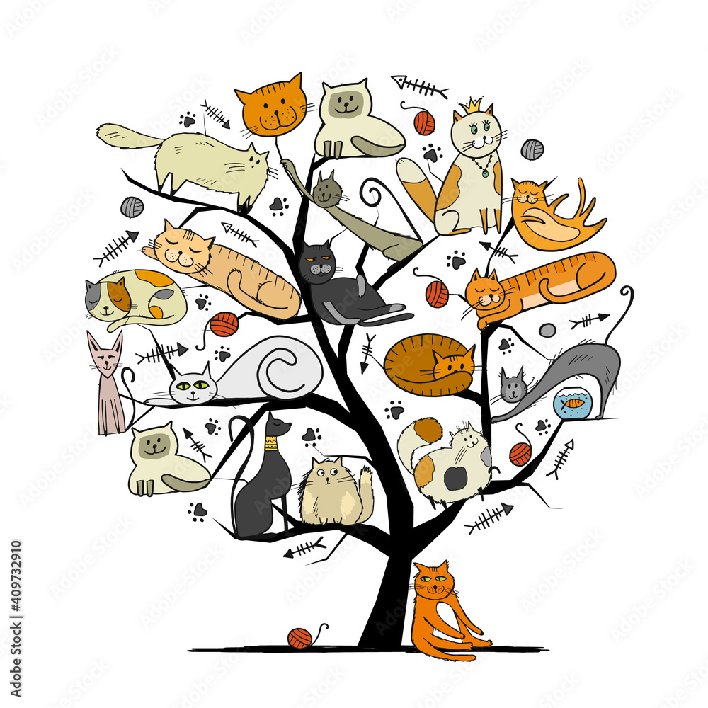 World Cats Day. Art Tree with funny cats for your design
