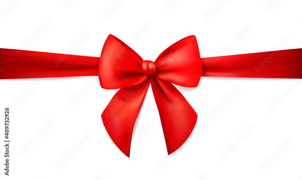 Red ribbon with bow for card isolated on white background. Xmas present. Holiday decoration. Realistic 3d vector illustration. Red ribbon with bow for card isolated on white background. Xmas present. Holiday decoration. Realistic 3d vector illustration.