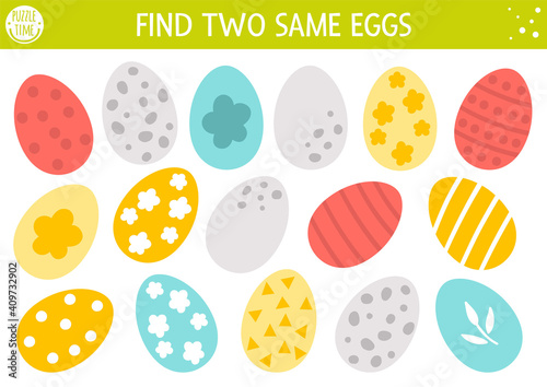 Find two same eggs. Easter matching activity for children. Funny spring educational logical quiz worksheet for kids. Simple printable game with cute decorated holiday symbols.