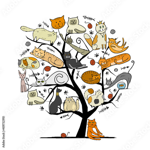World Cats Day. Art Tree with funny cats for your design