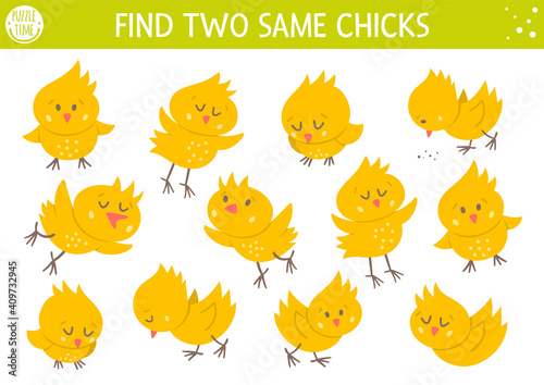 Find two same chicks. Easter matching activity for children. Funny spring educational logical quiz worksheet for kids. Simple printable game with cute chickens.