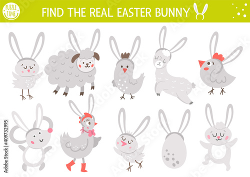Find real bunny. Easter matching activity for children. Funny spring educational logical quiz worksheet for kids. Simple printable game with cute animals with rabbits ears.