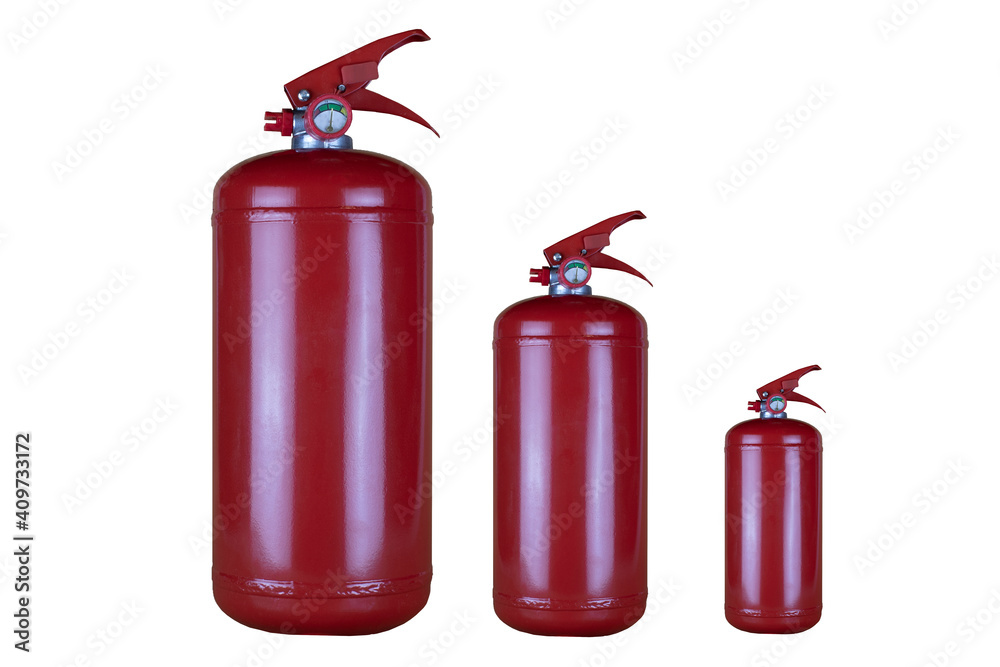 A set of powder fire extinguishers of different volumes with a pressure gauge on a white background.