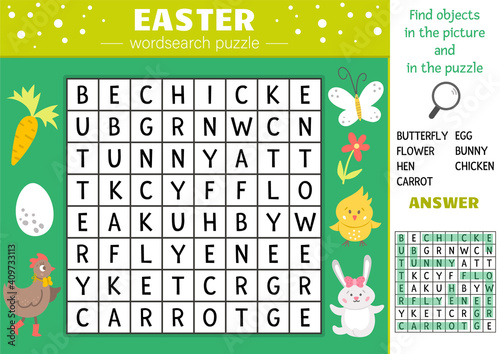 Vector Easter wordsearch puzzle for kids. Simple spring crossword with traditional holiday symbols for children. Educational keyword activity with cute funny characters and objects.