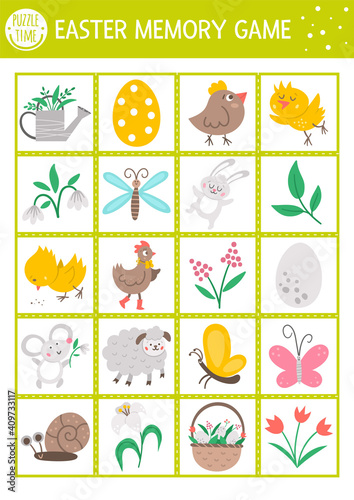 Vector Easter memory game cards with traditional holiday symbols. Matching activity with cute characters. Remember and find correct card. Simple spring printable worksheet for kids. .