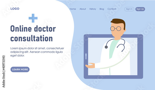 Website Template Layout Style Illustration. Vector Comopsition With Flat Cartoon Objects. Online Medical Care Consultation Conceptual Design With Writings. Tablet PC With Male Doctor In White Robe photo