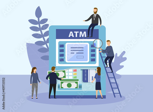 Vector Illustration In Cartoon Flat Style With Five Small Characters And Objects. Automated Teller Machine With Writing, Display Screen, Buttons, Credit Card And Money. People Interacting With ATM