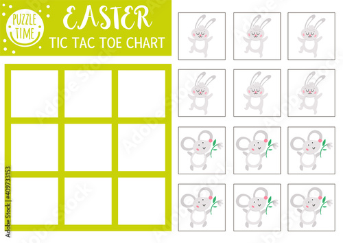 Vector Easter tic tac toe chart with cute bunny rabbit and mouse. Holiday board game playing field with traditional characters. Funny spring printable worksheet for kids. Noughts and crosses grid .