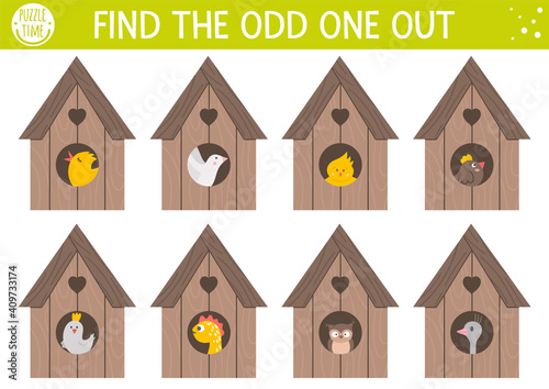 Easter find odd one out activity for children with nestlings in bird houses. Fun spring puzzle with cute little birds in starling. Holiday celebration educational game, printable worksheet for kids..