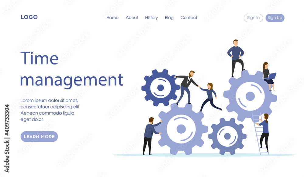 Time Management Idea Concept Illustration In Flat Cartoon Style. Vector Composition Of Website Tamplate Layout With Writings And White Background. Male And Female Characters With Cogwheel Mechanism