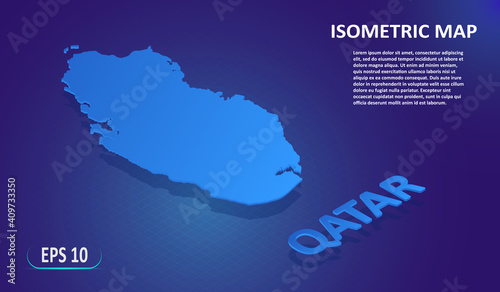 Isometric map of Qatar. Map of the European country on blue background. Modern isometric 3d location map with place for text or description. 3D concept for infographic. Vector illustration.