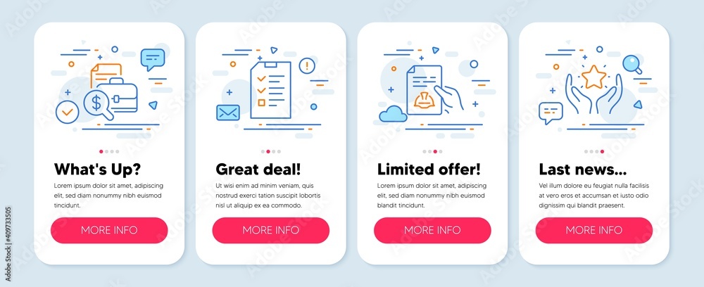 Set of line icons, such as Technical documentation, Interview, Accounting report symbols. Mobile app mockup banners. Ranking line icons. Engineering, Checklist file, Financial case. Hold star. Vector
