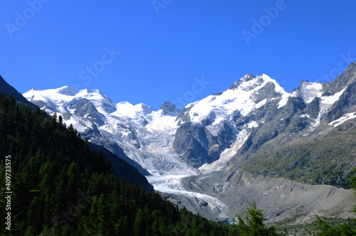 Swiss Alps: The Morteratsch Glacier in the swiss alps is melting due to the global climate change