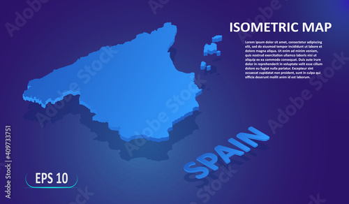 Isometric map of Spain. Map of the European country on blue background. Modern isometric 3d location map with place for text or description. 3D concept for infographic. Vector illustration.