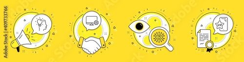 Artificial intelligence, Idea and Monitor settings line icons set. Megaphone, licence and deal vector icons. Vip phone sign. All-seeing eye, Professional job, Service cogwheel. Vector