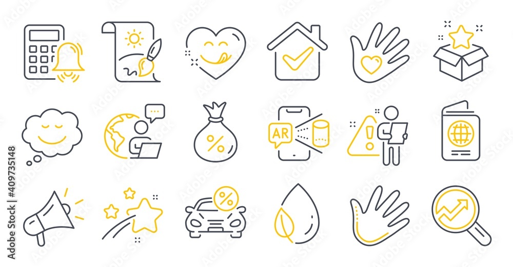 Set of Business icons, such as Calculator alarm, Loan, Passport symbols. Leaf dew, Augmented reality, Social responsibility signs. Speech bubble, Creative painting, Megaphone. Car leasing. Vector Set of Business icons, such as Calculator alarm, Loan, Passport symbols. Leaf dew, Augmented reality, Social responsibility signs. Speech bubble, Creative painting, Megaphone. Car leasing. Vector